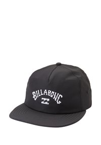 Zwarte snapback pet met een vlakke rand. Witte "BILLABONG" tekst geborduurd op de voorkant, met daaronder een logo. Soepele, gestructureerde stof.
