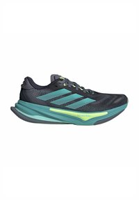 Black and turquoise running shoes with a textured mesh upper, three parallel stripes, and a lightweight sole featuring a prominent heel design.