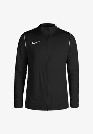 Schwarze Nike-Jacke mit Stehkragen, durchgehendem Reißverschluss und weißen Akzentlinien auf den Schultern. Besitzt ein kleines Logo auf der Brust.