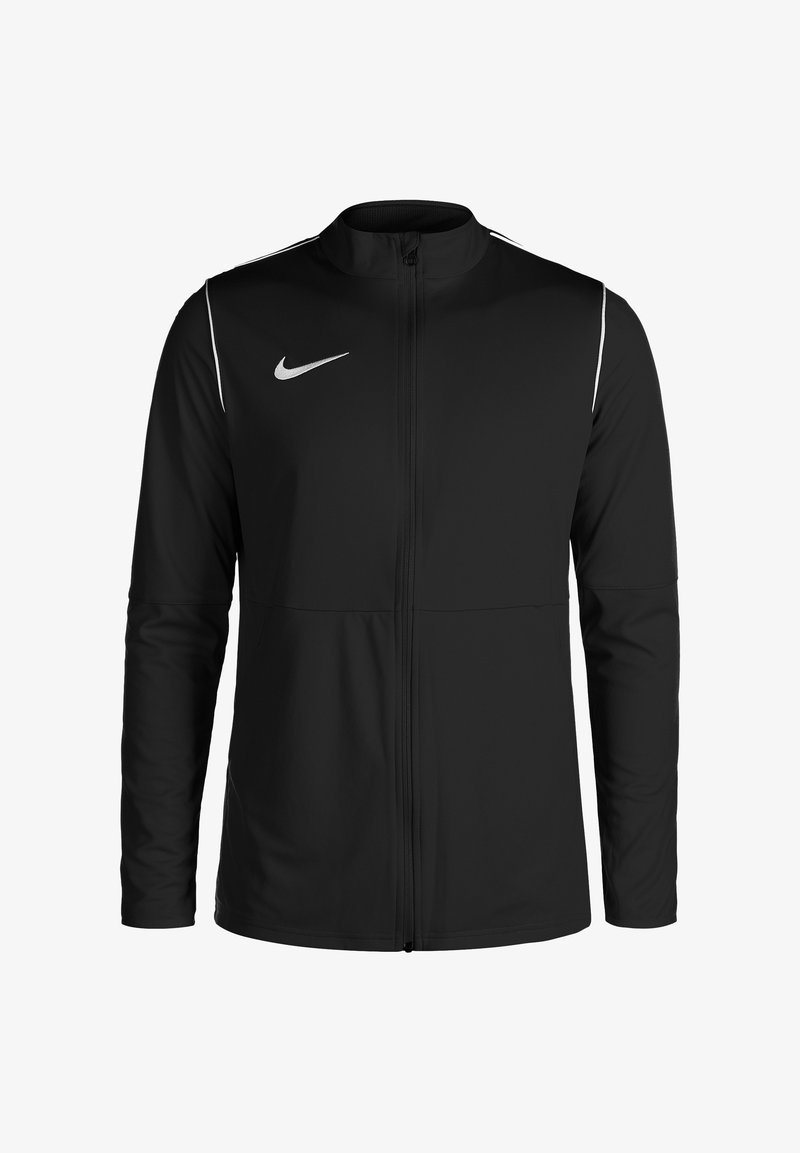 Schwarze Nike-Jacke mit Stehkragen, durchgehendem Reißverschluss und weißen Akzentlinien auf den Schultern. Besitzt ein kleines Logo auf der Brust.