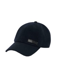 Gorra de lana azul marino con visera curva y una etiqueta de cuero negro en la parte frontal. Presenta un color sólido y un tejido texturizado.