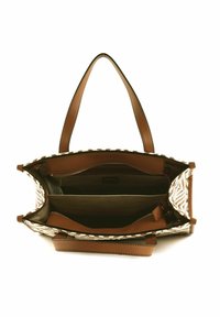 Borsa a mano in pelle marrone con un esterno in tessuto a pattern. Presenta due scomparti principali, uno con cerniera, e manici robusti.