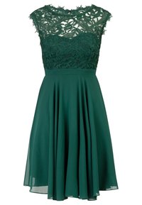Grön klänning med spetsliv med blommönster, ärmlös design och plisserad kjol i lätt tyg.