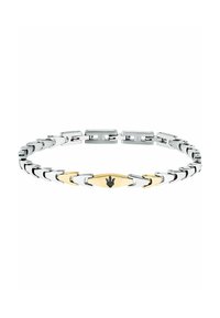 Bracciale in tono argento con anelli intrecciati, caratterizzato da un accento centrale dorato e un emblema nero, texture liscia e finitura lucida.