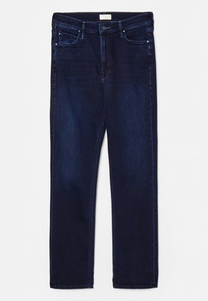 Mørkeblå denimjeans med slim fit, fem-lommer design, stikninger og rett benklipp. Har knapp og glidelås lukking.
