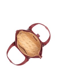 Rood leren handtas met twee handvatten, open zicht dat de beige interieurvoering toont met herhalend 'Wittchen' logo en meerdere compartimenten.