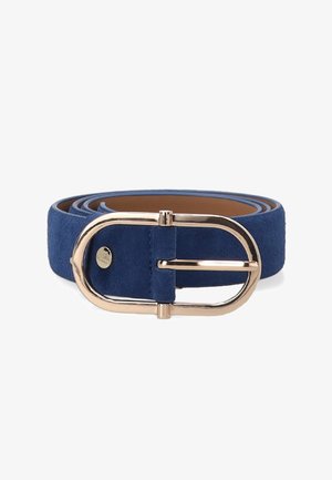 Blue suede belt with a gold-tone metal oval buckle, smooth texture, and a contrasting inner lining. Features a single gold detail near the buckle.