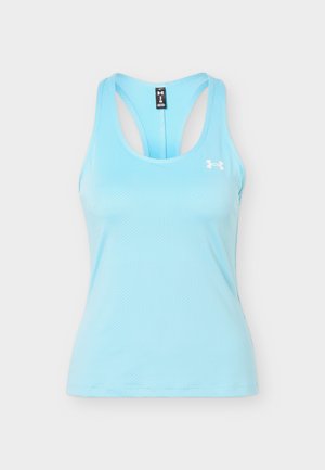 Φωτεινό γαλάζιο αμάνικο γυναικείο αθλητικό τοπ με racerback και μικρό λευκό λογότυπο Under Armour στο στήθος.
