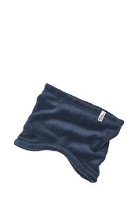 Gaiter per il collo in pile blu navy, texture morbida, forma flessibile, con un piccolo etichetta. Progettato per calore e comfort.