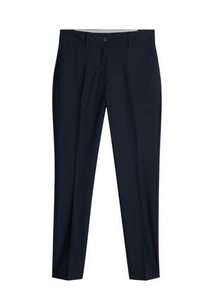 Pantalons ajustés bleu marine avec bouton à l'avant, passants de ceinture, poches latérales et logo discret sur la zone de la poche droite.