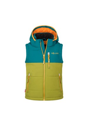 Child's sleeveless padded vest with teal upper, olive green lower part, orange inner hood lining, and yellow zippers and logo on chest.