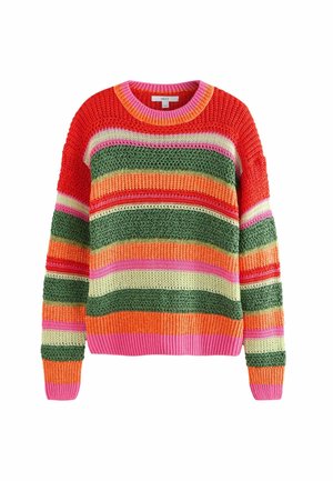 Colorful knitted sweater featuring horizontal stripes in red, green, pink, orange, and cream. Thick ribbed cuffs and hem. Round neckline.