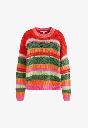 Maglione colorato lavorato a maglia con strisce orizzontali in rosso, verde, rosa, arancione e crema. Polsini e orlo a coste spesse. Collo rotondo.