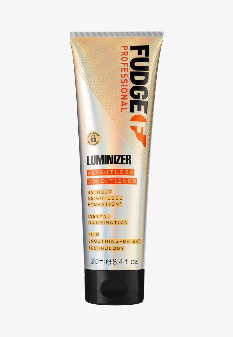 Fudge Professional Luminizer Weightless Conditioner in a metallic silver and orange tube, featuring bold text and a black bottom. 250ml.