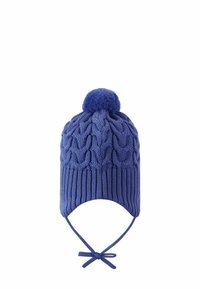 Cable-knit blue hat with a rounded top pom-pom, ear flaps, and ties. Made of soft yarn, features textured patterns and a ribbed band.