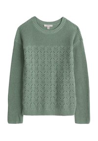 Pull vert en tricot avec un motif floral texturé sur le devant et des poignets côtelés. Le tissu est légèrement épais et conçu pour être confortable.