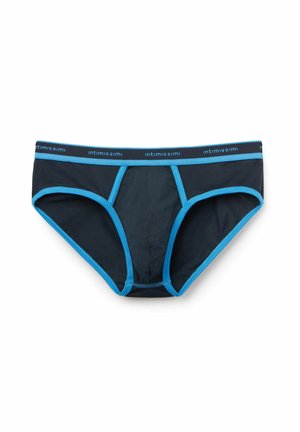 Ciemnoniebieskie slipy z jasnoniebieską gumką w pasie. Posiadają kontrastowe szwy i kieszeń z przodu. Miękka tekstura materiału.