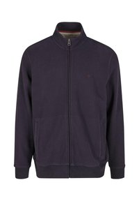 Slim-Fit Zip-Jacke aus dunkelblauem Baumwollstoff mit Stehkragen, zwei vorderen Taschen und einem kleinen Logodetail auf der Brust.