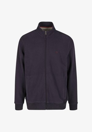 Slim-fit zip-up jack in donkerblauwe katoen, met een hoge kraag, twee voorzakken en een klein logo detail op de borst.