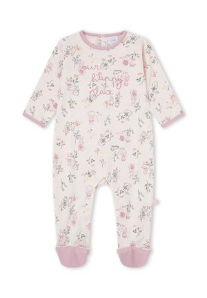 Pijama rosa bebé con pies, mangas largas, dibujos florales y de animales, y texto "our happy place" en el pecho en cursiva.