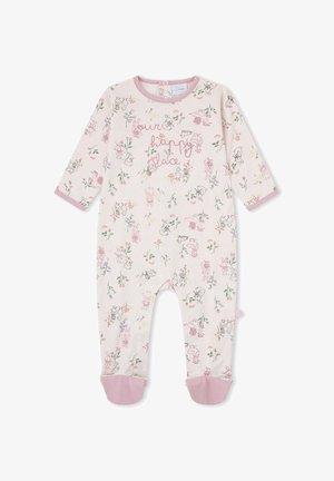 Pijama rosa bebé con pies, mangas largas, dibujos florales y de animales, y texto "our happy place" en el pecho en cursiva.