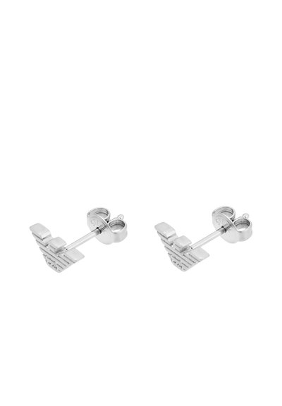 Boucles d'oreilles en argent, clous, présentant un design géométrique avec une surface texturée et un fermoir transparent au dos.