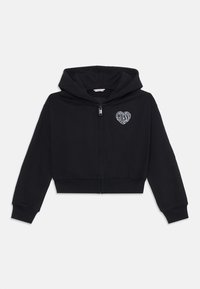 Black cropped hoodie featuring a zip closure, long sleeves, a hood, and a heart-shaped graphic with text on the left chest. Soft material and texture.