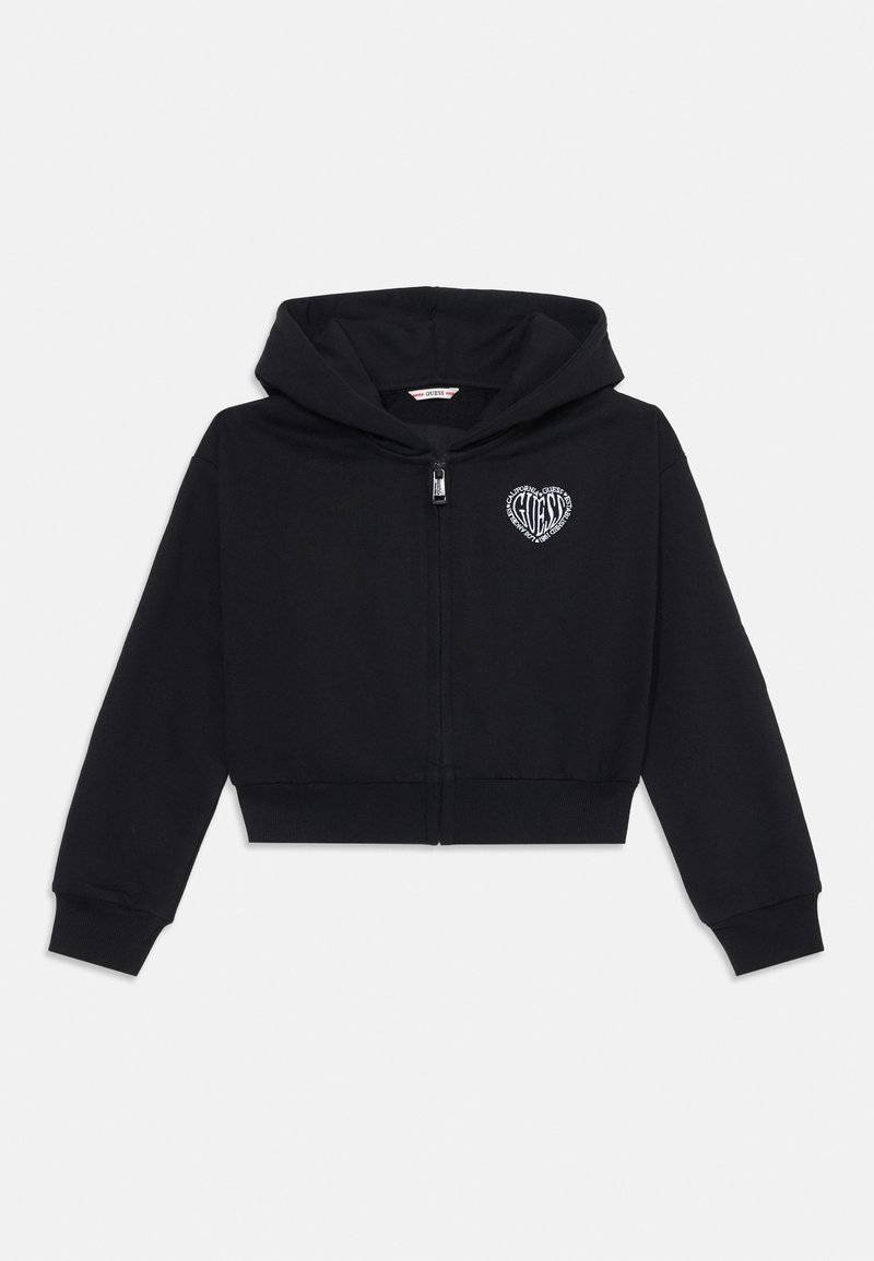 Black cropped hoodie featuring a zip closure, long sleeves, a hood, and a heart-shaped graphic with text on the left chest. Soft material and texture.