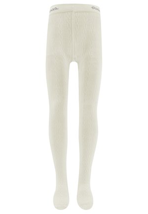 Cremfarbene Strumpfhosen aus Strick mit einem Zopfmuster, die eine weiche Textur und einen elastischen Bund mit dezenten Branding-Details aufweisen.