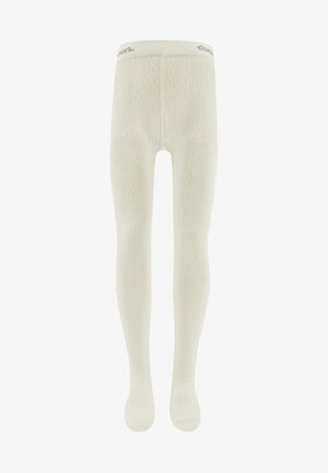 Jasno kremowe rajstopy z dzianiny o wzorze warkocza, charakteryzujące się miękką teksturą oraz elastycznym pasem w detalu subtelnego logo.