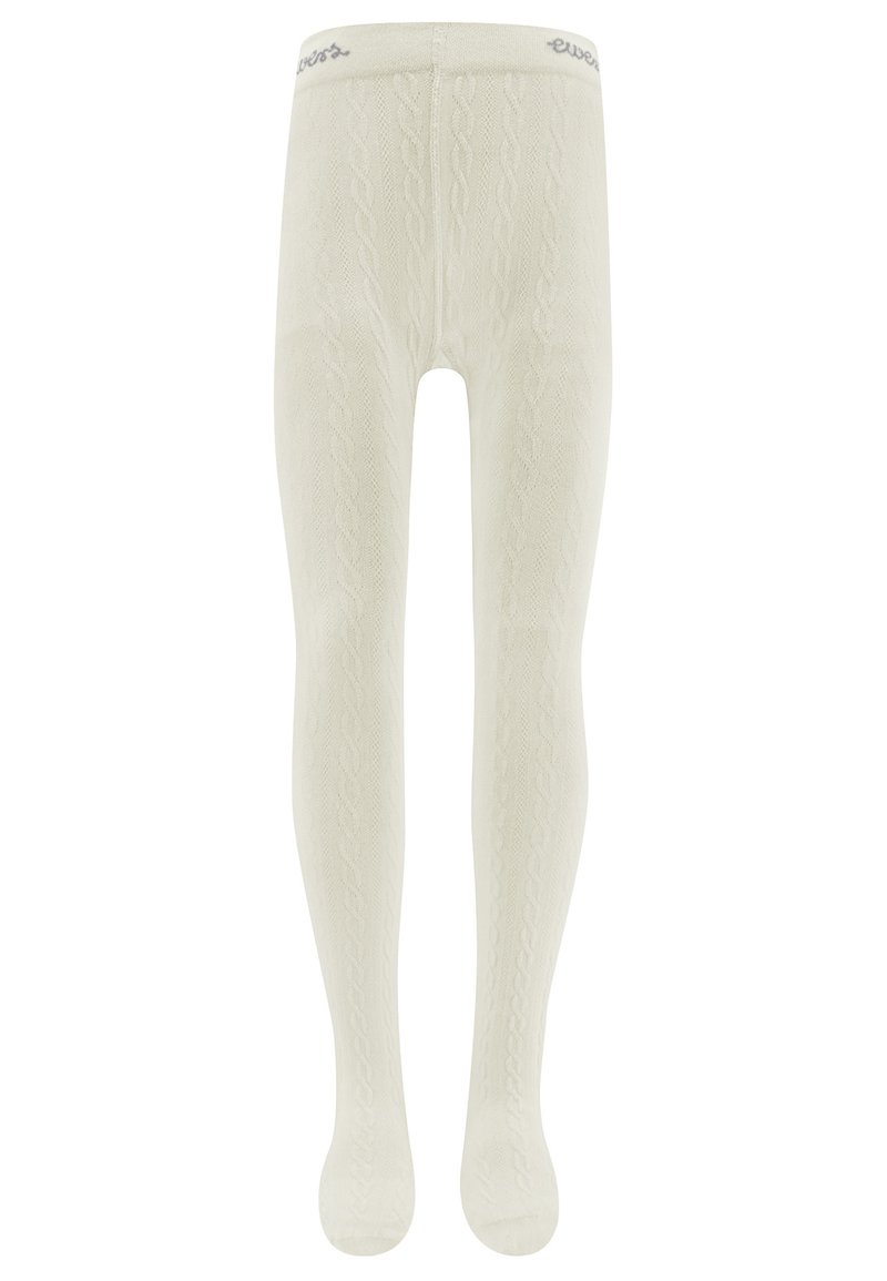 Collants tricotés de couleur crème avec un motif en câble, présentant une texture douce et une taille élastique avec un discret détail de marque.