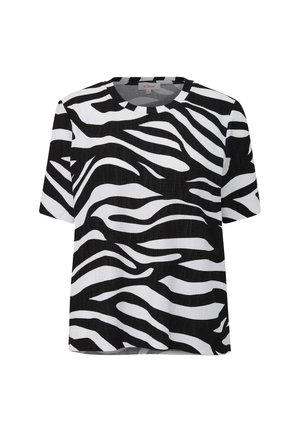 Top de manga corta con un patrón de rayas de cebra en blanco y negro, textura suave y un clásico escote redondo.