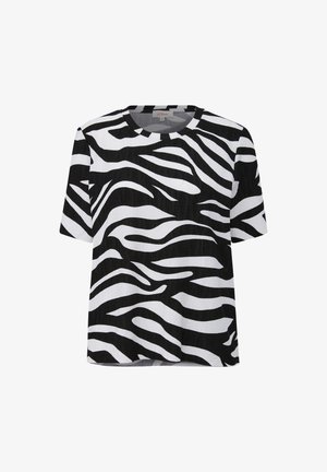 T-paita lyhyillä hihoilla, jossa on mustavalkoinen seepraraidallinen kuvio, sileä pinta ja klassinen pyöreä pääntie.