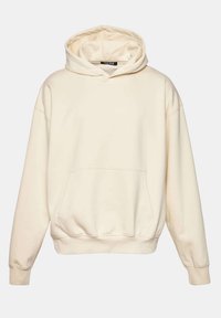 Crème hooded sweatshirt, met een kangoeroezak, ribgebreide uiteinden en zoom. Zachte textuur met een ontspannen pasvorm en zonder zichtbare patronen.