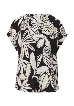Blouse à manches courtes noir et blanc avec un motif de feuilles florales et un col froncé. Fabriquée en tissu texturé avec une coupe décontractée.