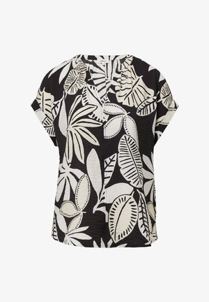 Blouse à manches courtes noir et blanc avec un motif de feuilles florales et un col froncé. Fabriquée en tissu texturé avec une coupe décontractée.