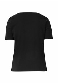 Black short-sleeve t-shirt with a rounded neckline. Smooth cotton fabric. Simple design, no patterns or accents. Back view shown.