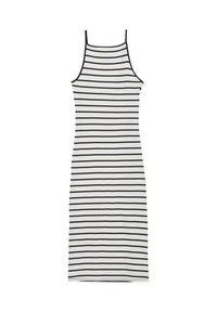Robe débardeur rayée en blanc avec des rayures horizontales bleu marine, fabriquée en tissu léger, dotée de fines bretelles spaghetti et d'une silhouette ajustée.