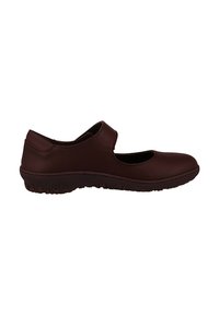 Brązowy syntetyczny but w stylu Mary Jane z płaską podeszwą, okrągłym noskiem i regulowanym paskiem. Gładka faktura i prosty design, anatomically shaped.