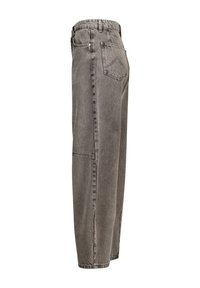 Gray denim trousers with a relaxed fit, featuring a high waist, side and back pockets, and visible stitching details.