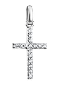 Pendentif en forme de croix argentée orné de pierres précieuses rondes et claires le long des bras, avec une finition polie et une boucle de suspension en haut.