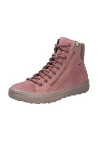 Sneaker alte in suede rosa con lacci e zip laterale, dettagli testurizzati e suola in gomma piatta. Presentano un colletto imbottito per il comfort.