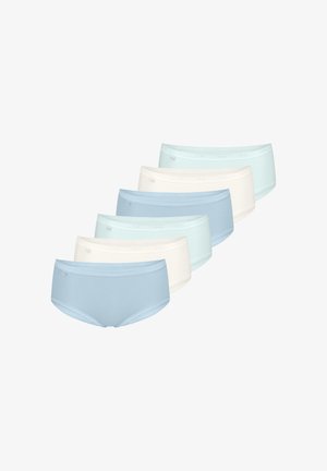 Sześć par bawełnianych majtek hipster w kolorach jasnoniebieskim, miętowym i kremowym, z gładką fakturą i subtelnymi elastycznymi pasami w talii.