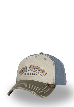 Gorra de béisbol con parte frontal beige y paneles laterales azules. Presenta detalles desgastados y el bordado "VON DUTCH KUSTOM" en naranja y negro.
