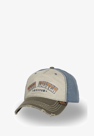 Gorra de béisbol con parte frontal beige y paneles laterales azules. Presenta detalles desgastados y el bordado "VON DUTCH KUSTOM" en naranja y negro.