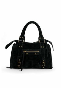 Sac à main en daim noir avec ferrures dorées, double poignées supérieures, poche zippée avant et détail pompon sur le côté. Présente une forme structurée.