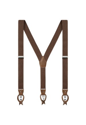 Brune Y-formede seler med justerbare sølvclips og brune læderdetaljer på hvid baggrund.