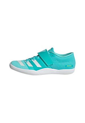 Turquoise athletic shoe with a textured upper, white stripes, adjustable strap, and perforated details on the toe box and sides.