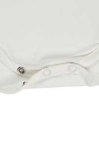 White cotton bodysuit with shoulder snaps and bottom snap closure. Soft texture and plain design, suitable for infants.