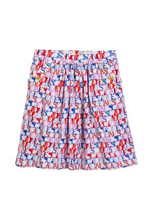 Plissierter Minirock mit durchgängig wiederholtem "ESCADA" Logo-Print in Rot, Blau und Pink, mit goldenen Knopfdetails an den Fronttaschen.